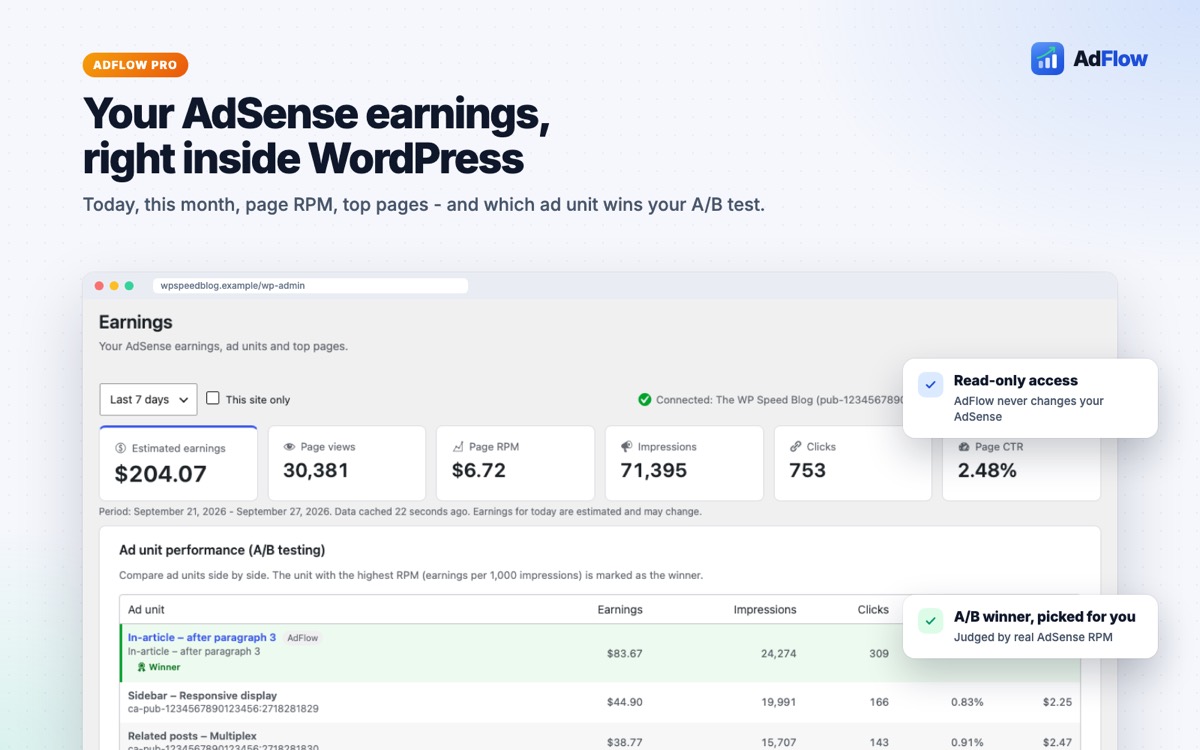 AdSense earnings dashboard in WordPress