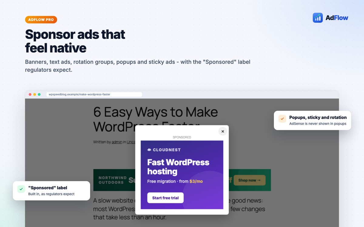 Sponsor ad formats: popup and sticky