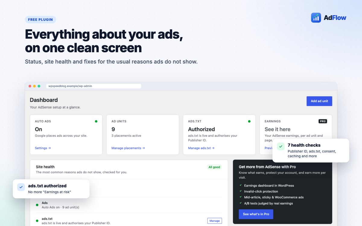 AdFlow dashboard in WordPress: ad status, ads.txt check and site health