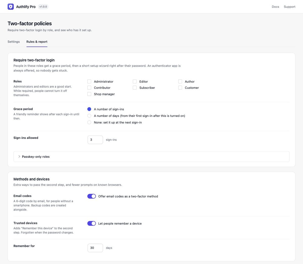 Two-factor policies: required roles, grace period, email codes and trusted devices