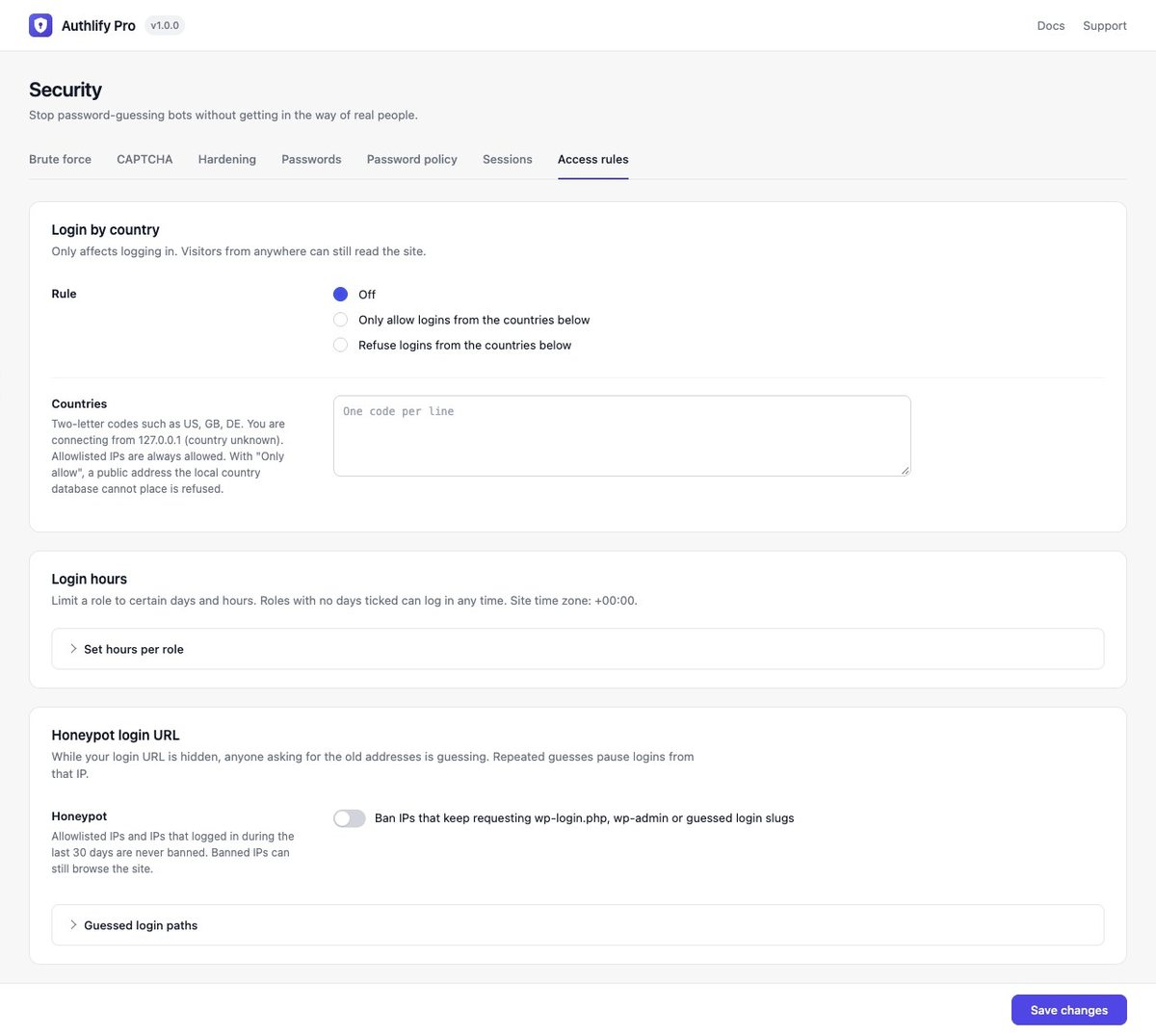 Access rules: login by country, login hours and a honeypot login URL