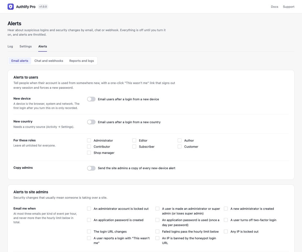 Login alerts for users and site admins