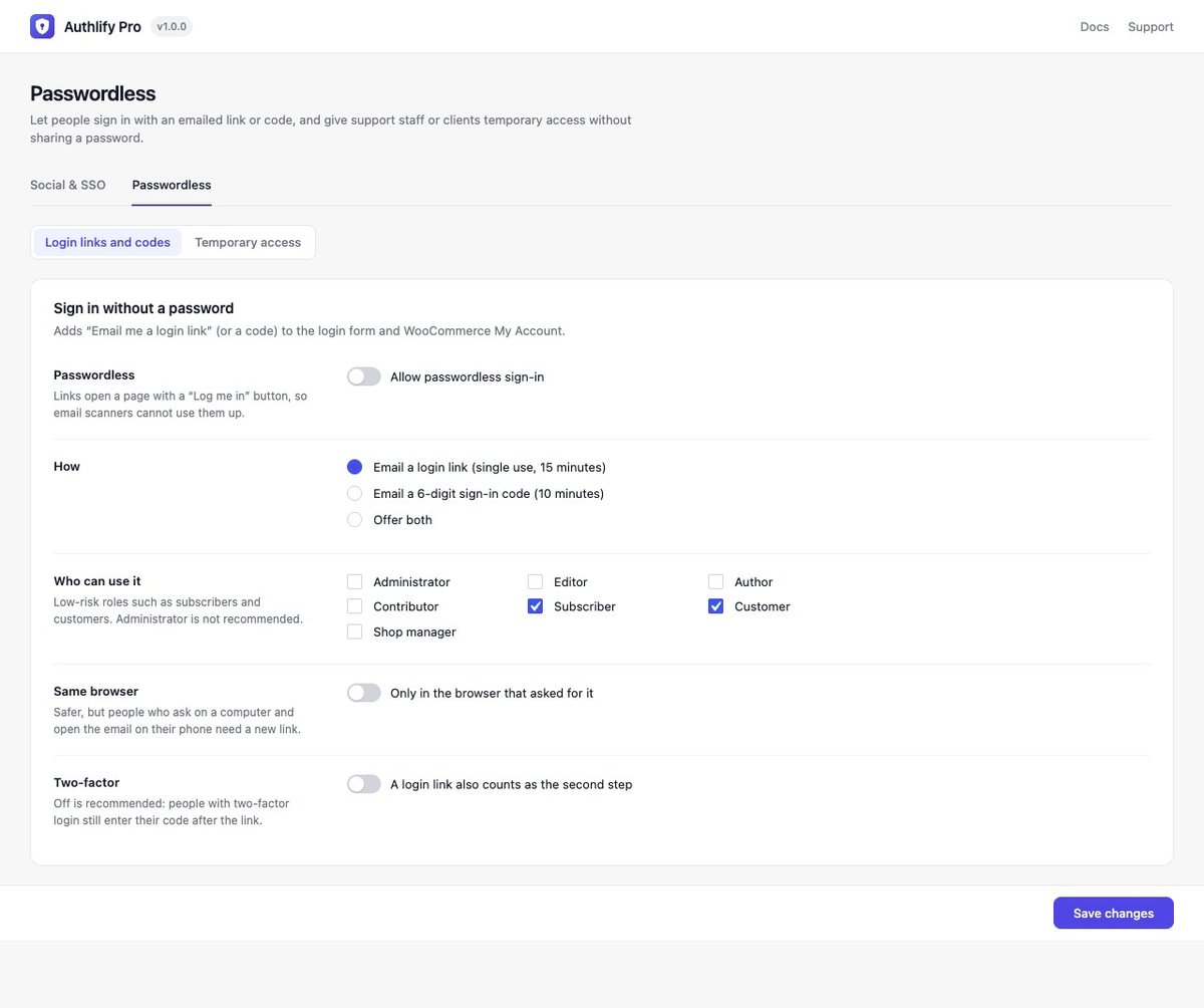 Passwordless settings: email login links and sign-in codes by role