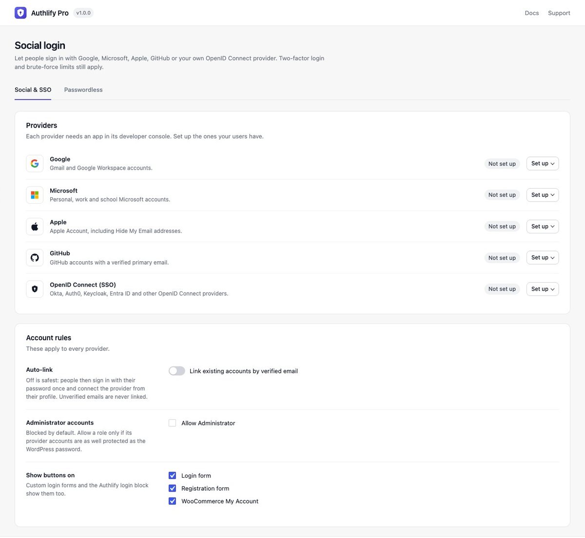 Social login providers: Google, Microsoft, Apple, GitHub and OpenID Connect