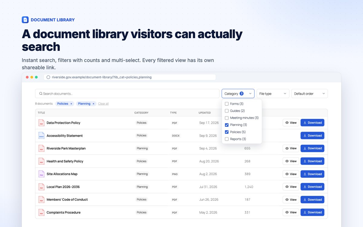 Document library with instant search, a category filter with counts and several categories selected