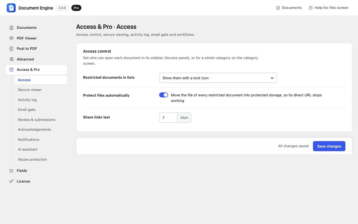 Access settings: restricted documents shown with a lock, protected storage and share link lifetime