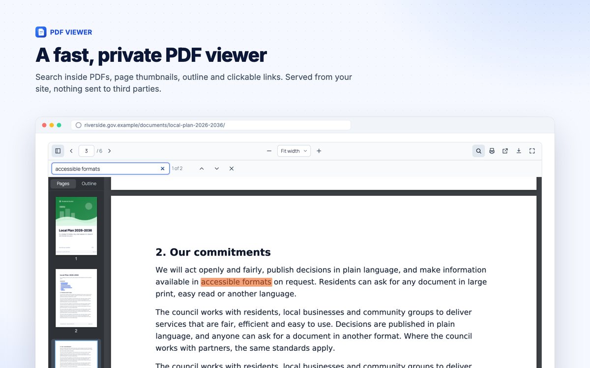 PDF viewer with search results highlighted and page thumbnails