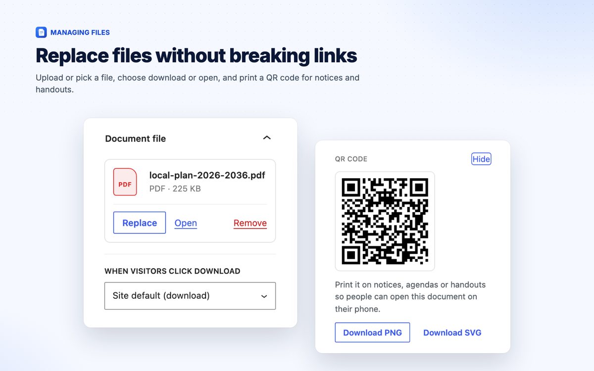 Replace file panel and QR code for a document