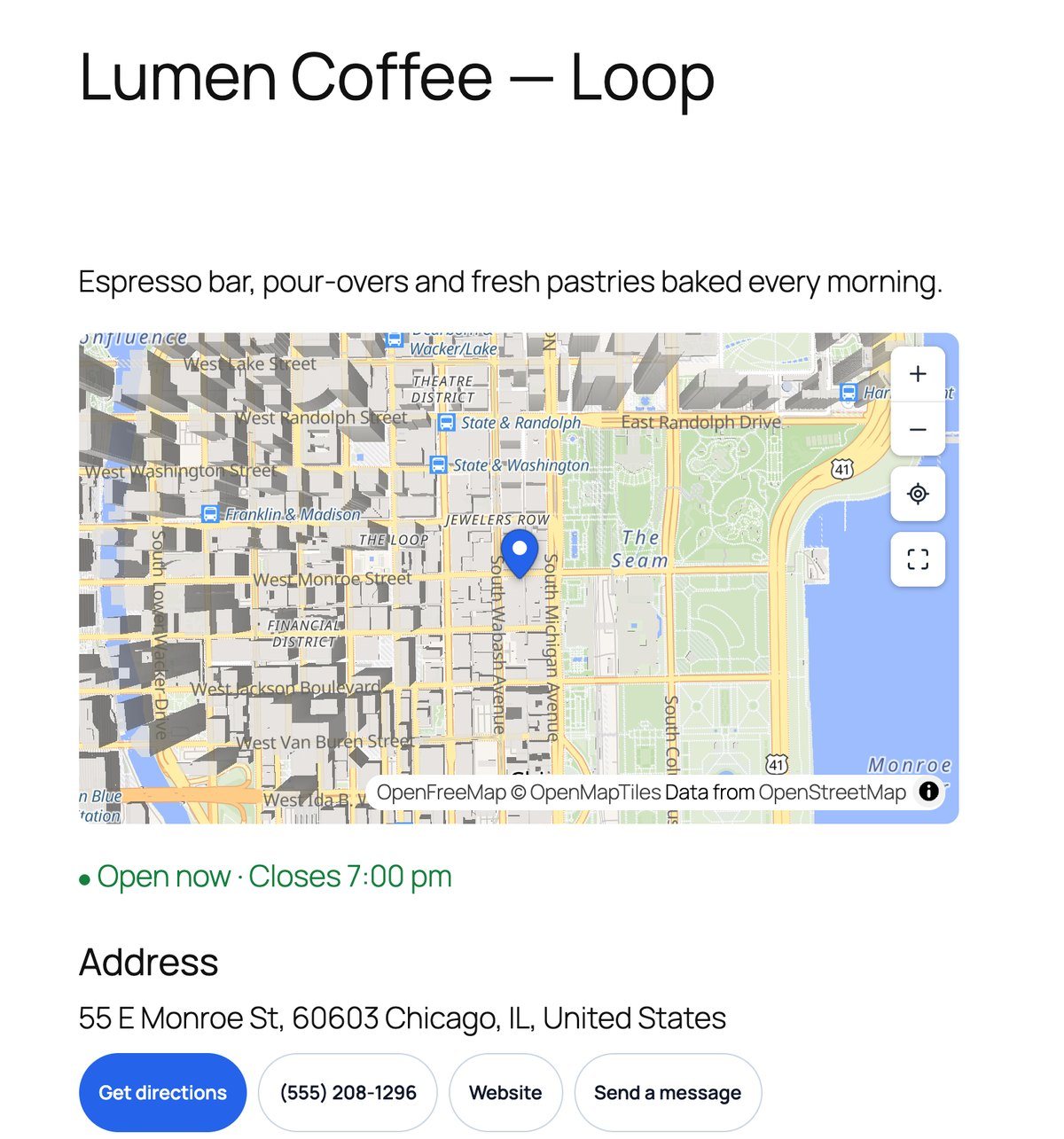 SEO location page with a map, opening status, address and contact buttons