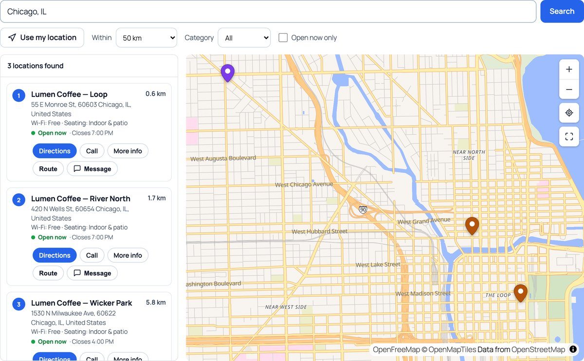 Store locator with an Open now only filter and Route and Message buttons