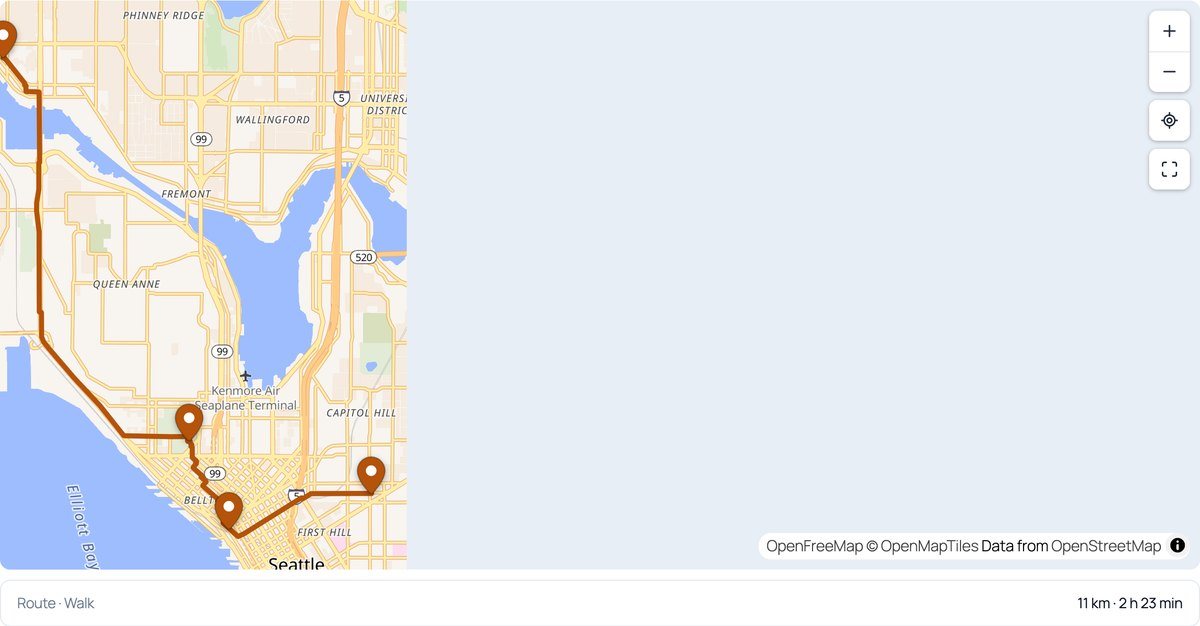A walking route between four places in Seattle with distance and time