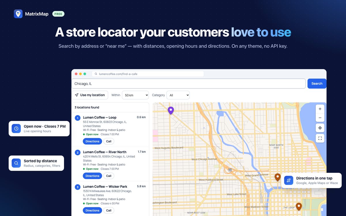 MatrixMap store locator: search by address or near me, with distances, opening hours and directions